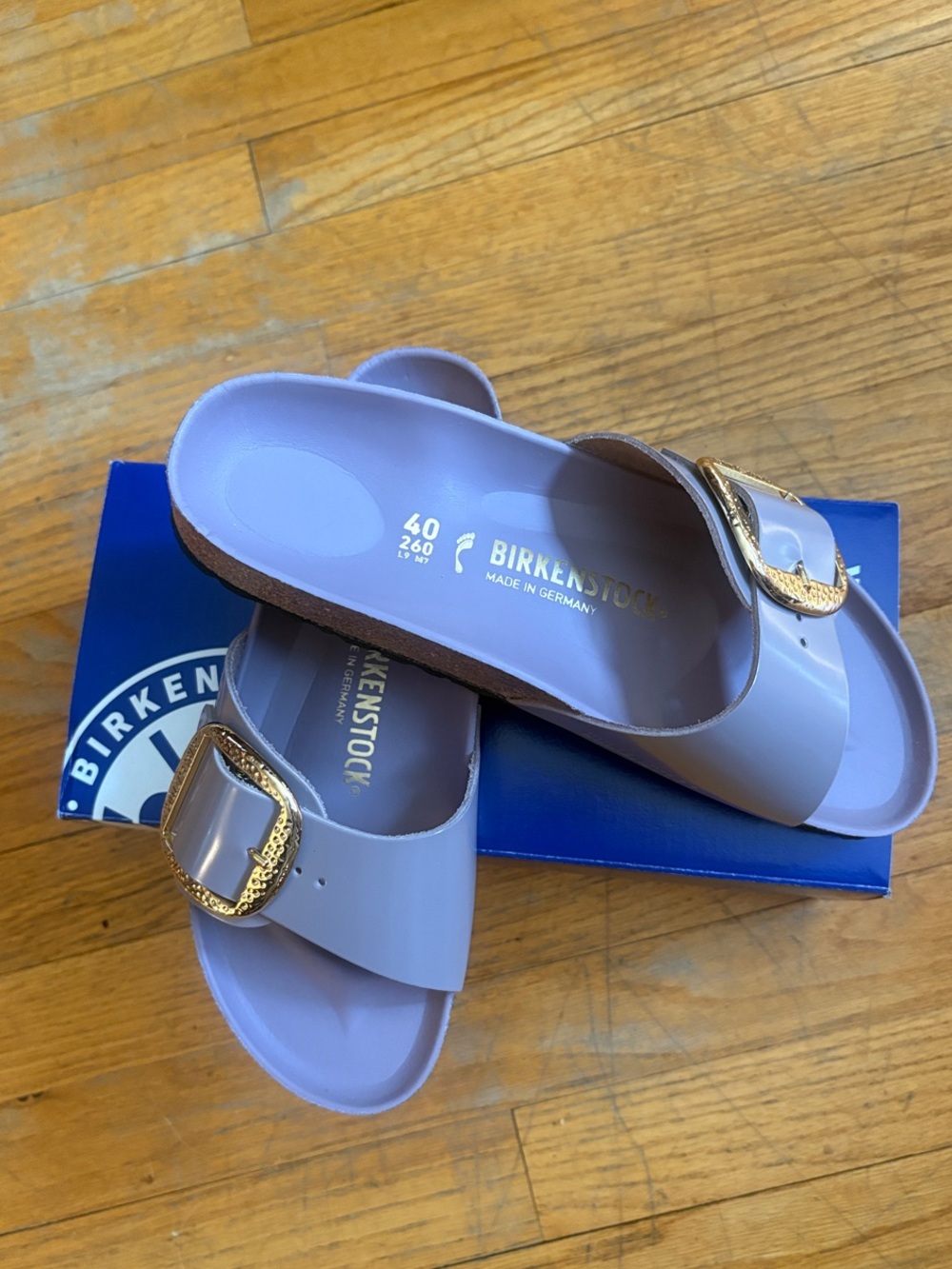 Birkenstock MADRID BIG BUCKLE HIGH SHINE FADED PU Slide Sandals with Gold Buckle